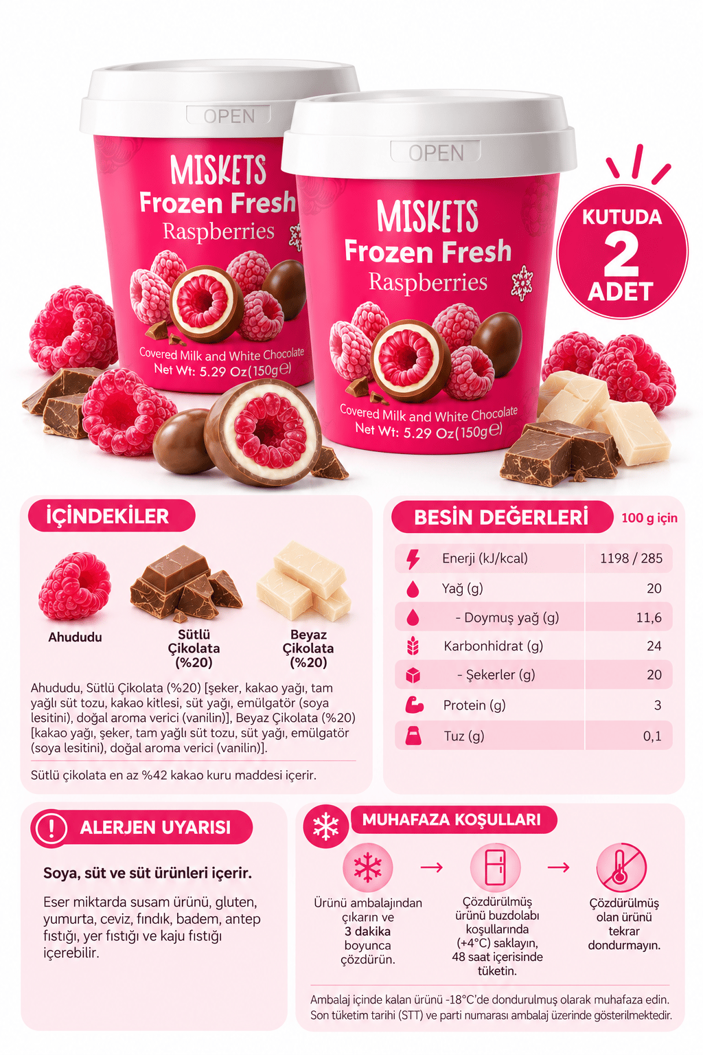 Frozen Fresh Sütlü Çikolata Kaplı Dondurulmuş Frambuaz 150 g x 2 Adet