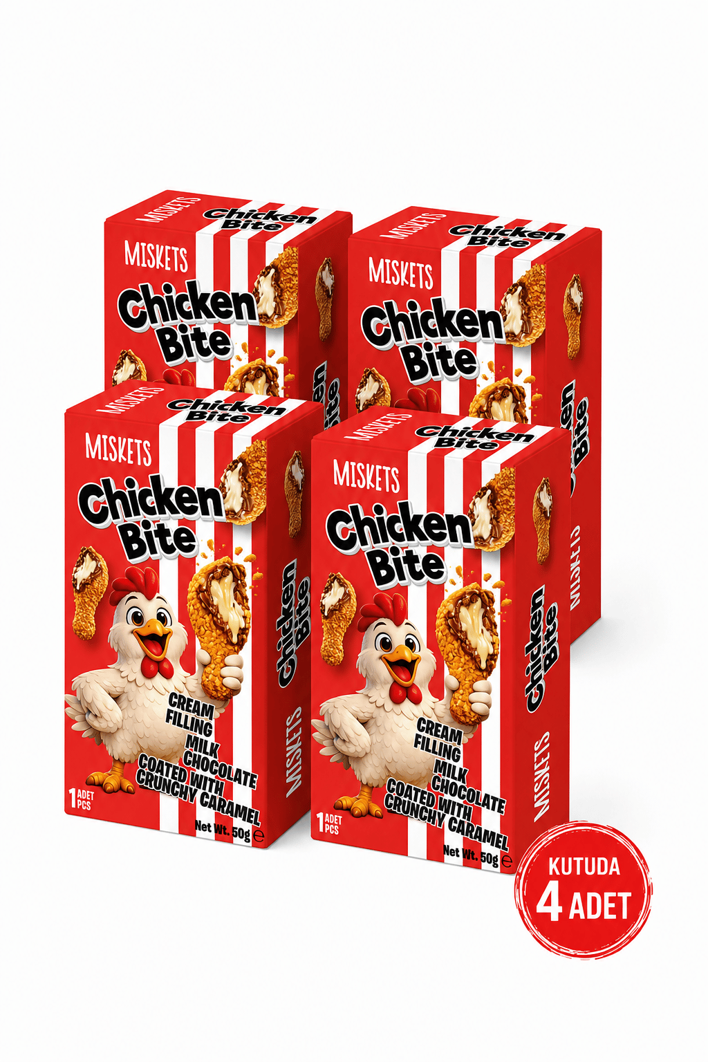 Miskets Chicken Bite Tavuk Budu Çikolata – Akışkan Karamelize Bisküvi Kaplı Krema Dolgulu Çikolata(4'lü Paket) 50 g x 4 Adet