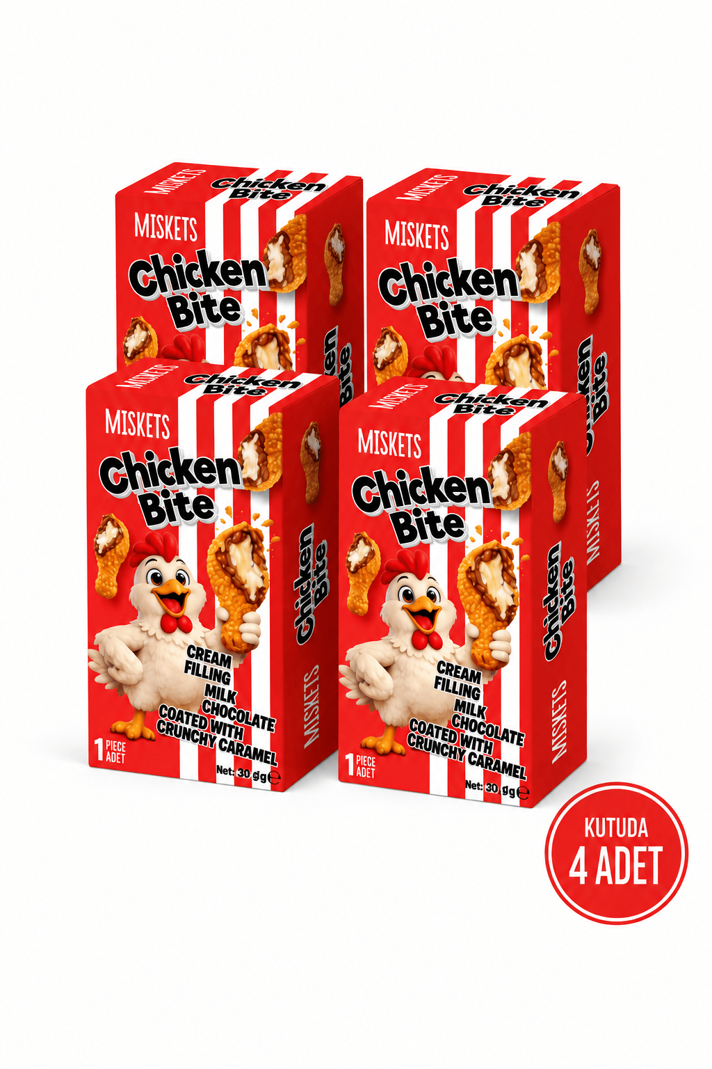 Miskets Chicken Bite Tavuk Budu Çikolata – Akışkan Karamelize Bisküvi Kaplı Krema Dolgulu Çikolata(4'lü Paket) 50 g x 4 Adet