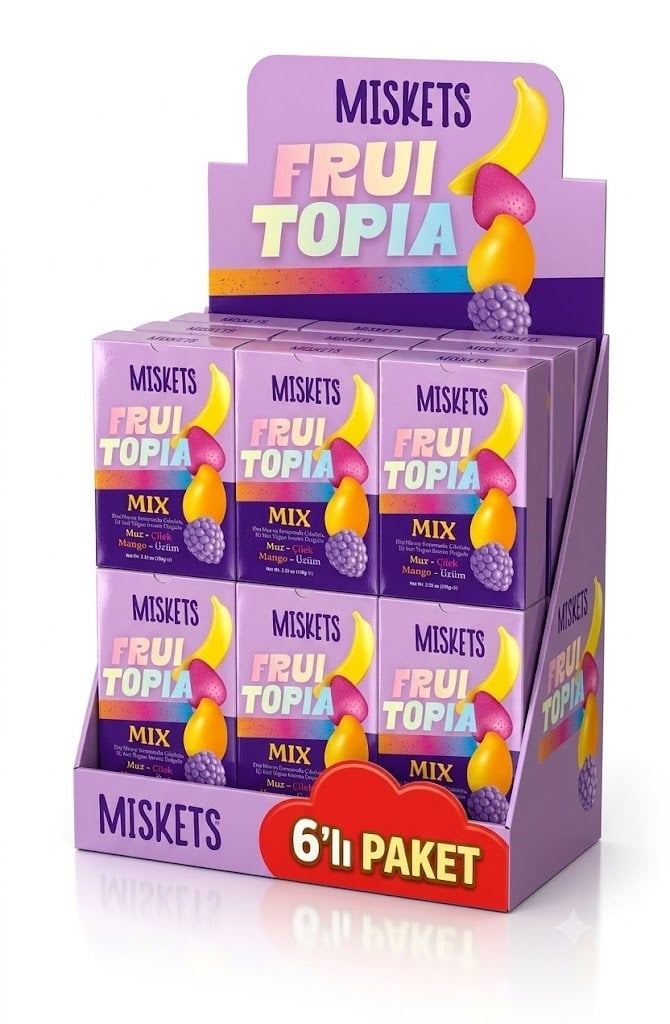 Miskets Fruitopia Mix Meyve Formunda Krema Dolgulu Sütlü Çikolata 100 Gr x 6 Adet | Muz, Çilek, Mango ve Üzüm Aromalı Ekonomik Paket