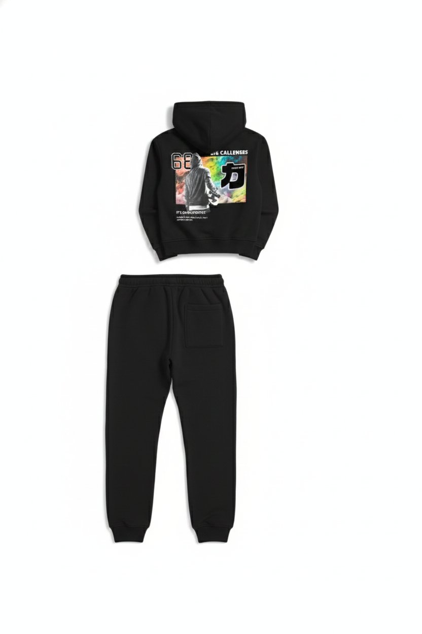 Erkek Çocuk / Genç Siyah Dijital Baskılı Kapüşonlu Sweatshirt Takımı (7-11 Yaş)