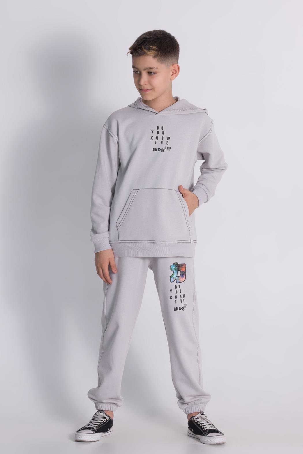 Erkek Çocuk / Genç Siyah Dijital Baskılı Kapüşonlu Sweatshirt Takımı (7-11 Yaş)Gri