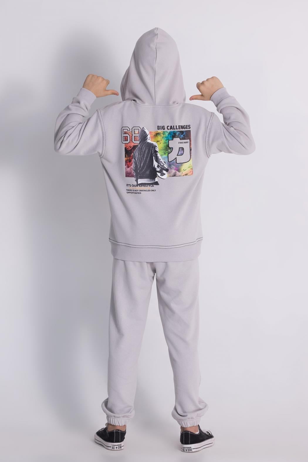 Erkek Çocuk / Genç Siyah Dijital Baskılı Kapüşonlu Sweatshirt Takımı (7-11 Yaş)Gri