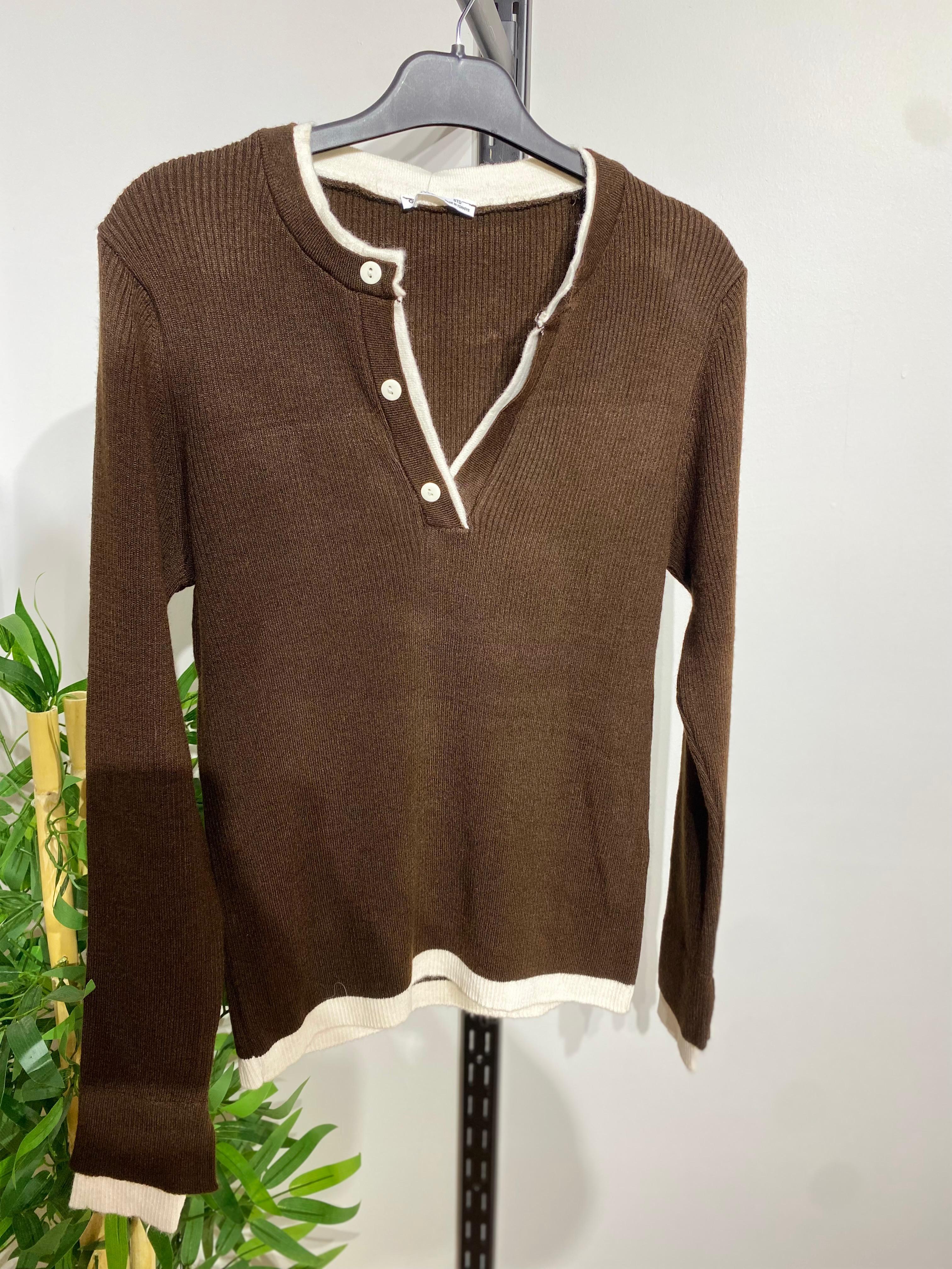 Kadın Krem Şeritli Henley Yaka Triko Bluz (Kahve)