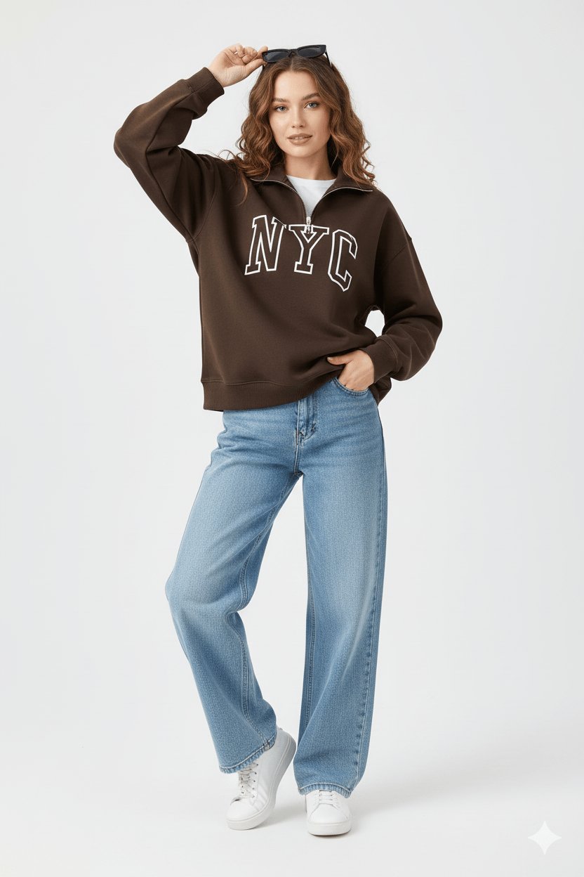 Kadın NYC Nakışlı Fermuarlı Sweatshirt - Kahve