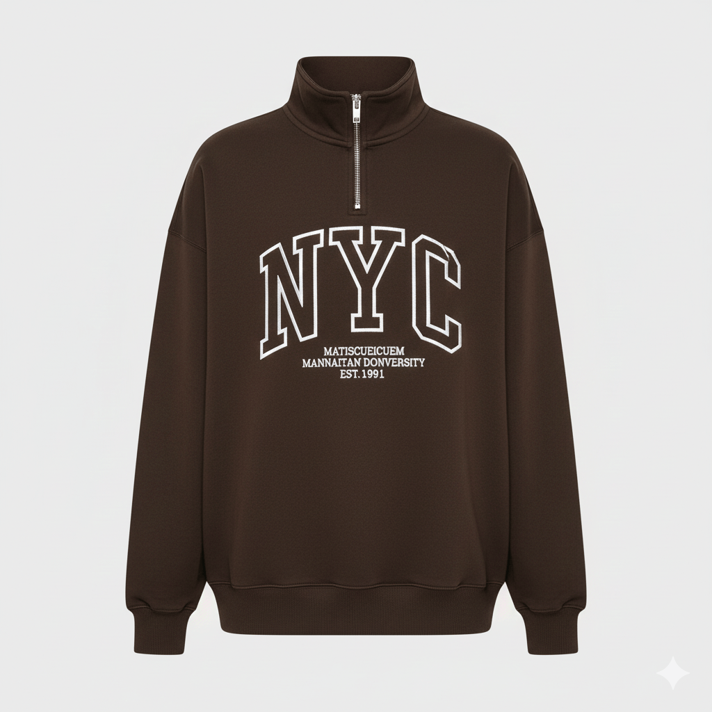 Kadın NYC Nakışlı Fermuarlı Sweatshirt - Kahve