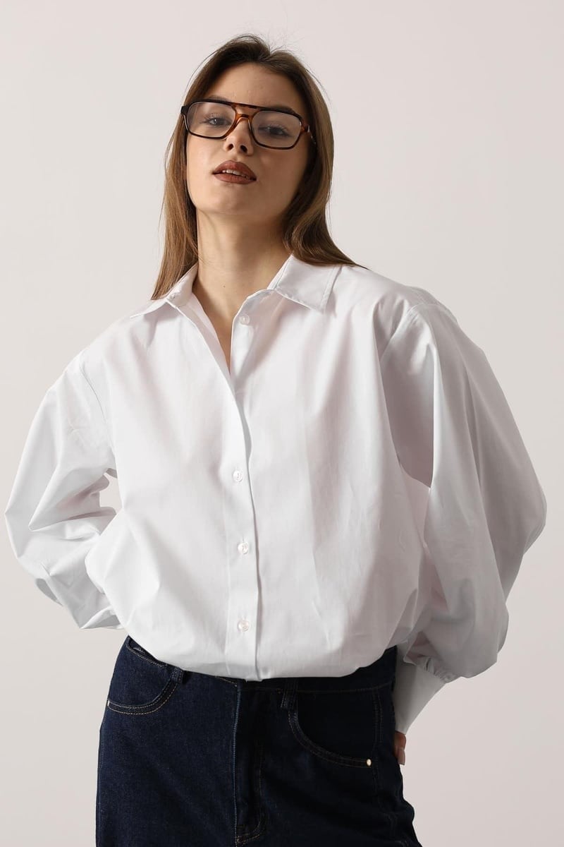 Kadın Oversize Basic Gömlek Beyaz
