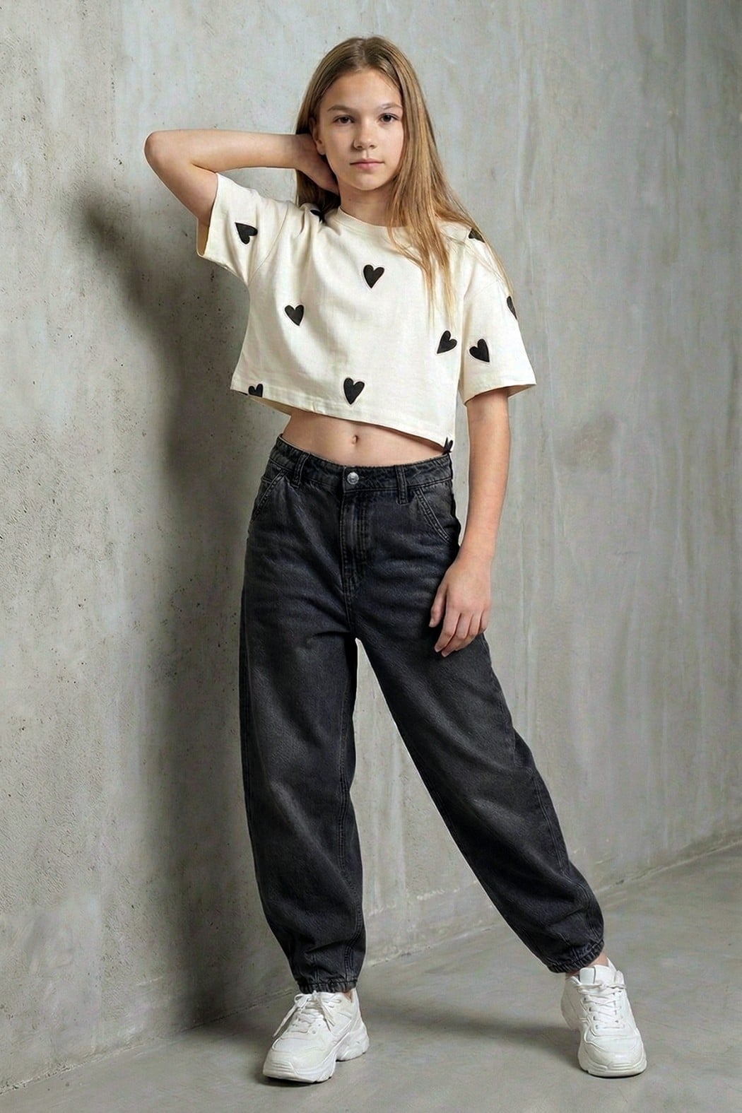 Kız Çocuk Baggy Denim Pantolon - Füme (9-14 Yaş)