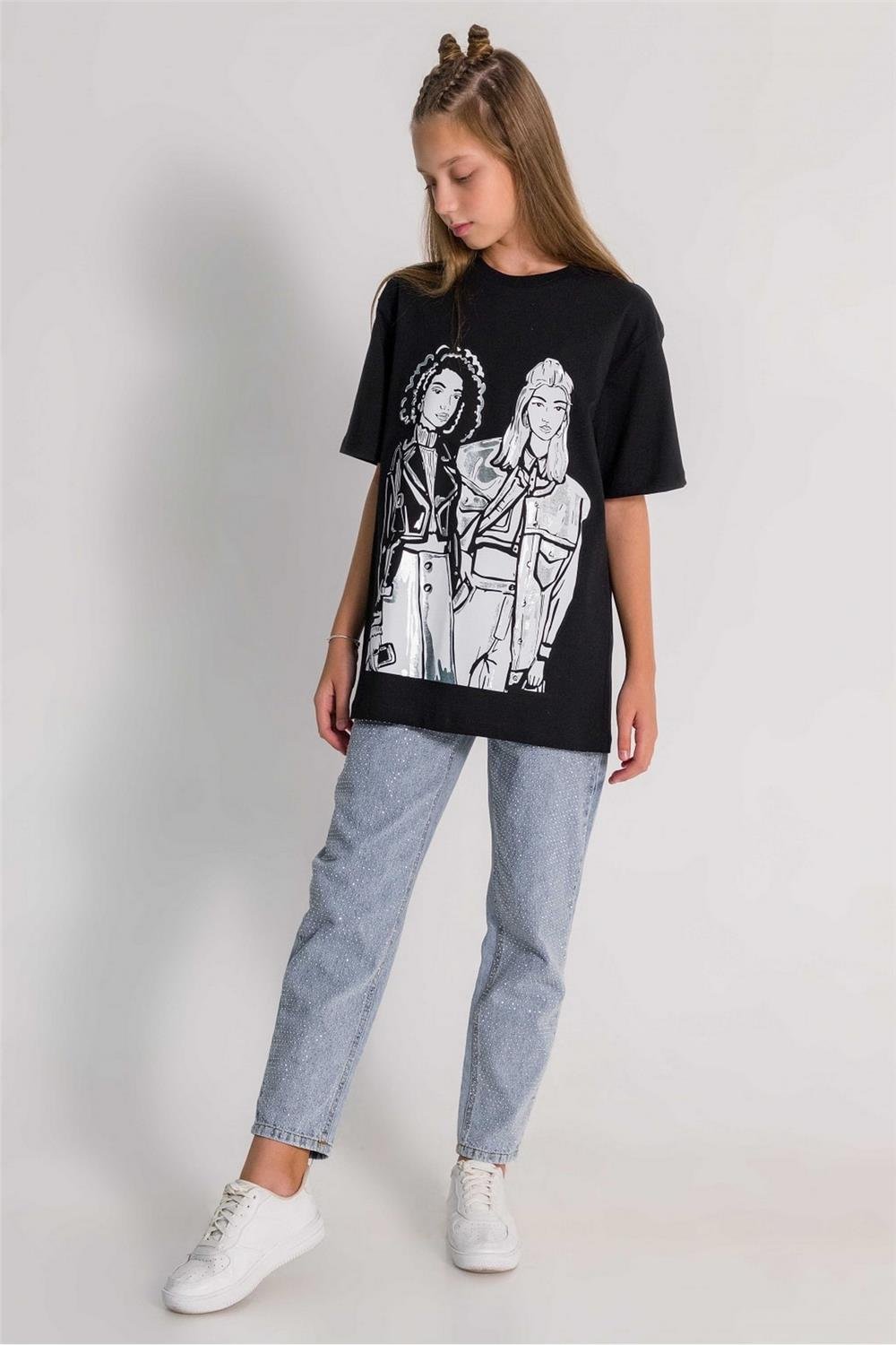 Kız Çocuk Baskılı  T-Shirt  Siyah