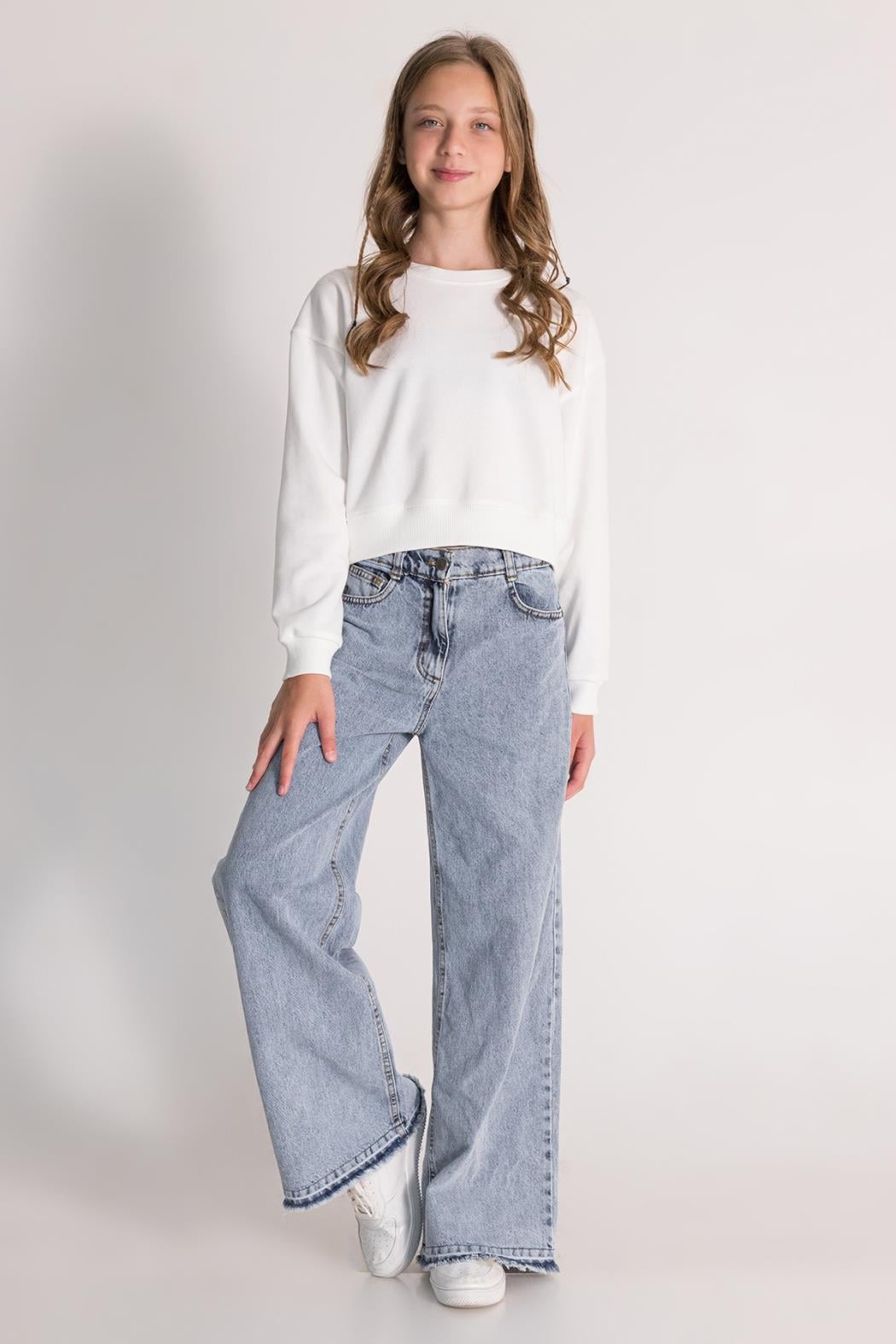 Kız Çocuk Crop Sweatshirt - Ekru (9-14 Yaş)