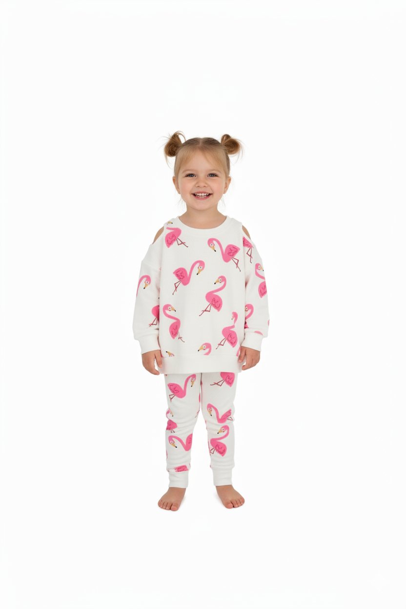 Kız Çocuk Flamingo Karakter Detaylı Sweat ve Fitilli Taytlı Takım