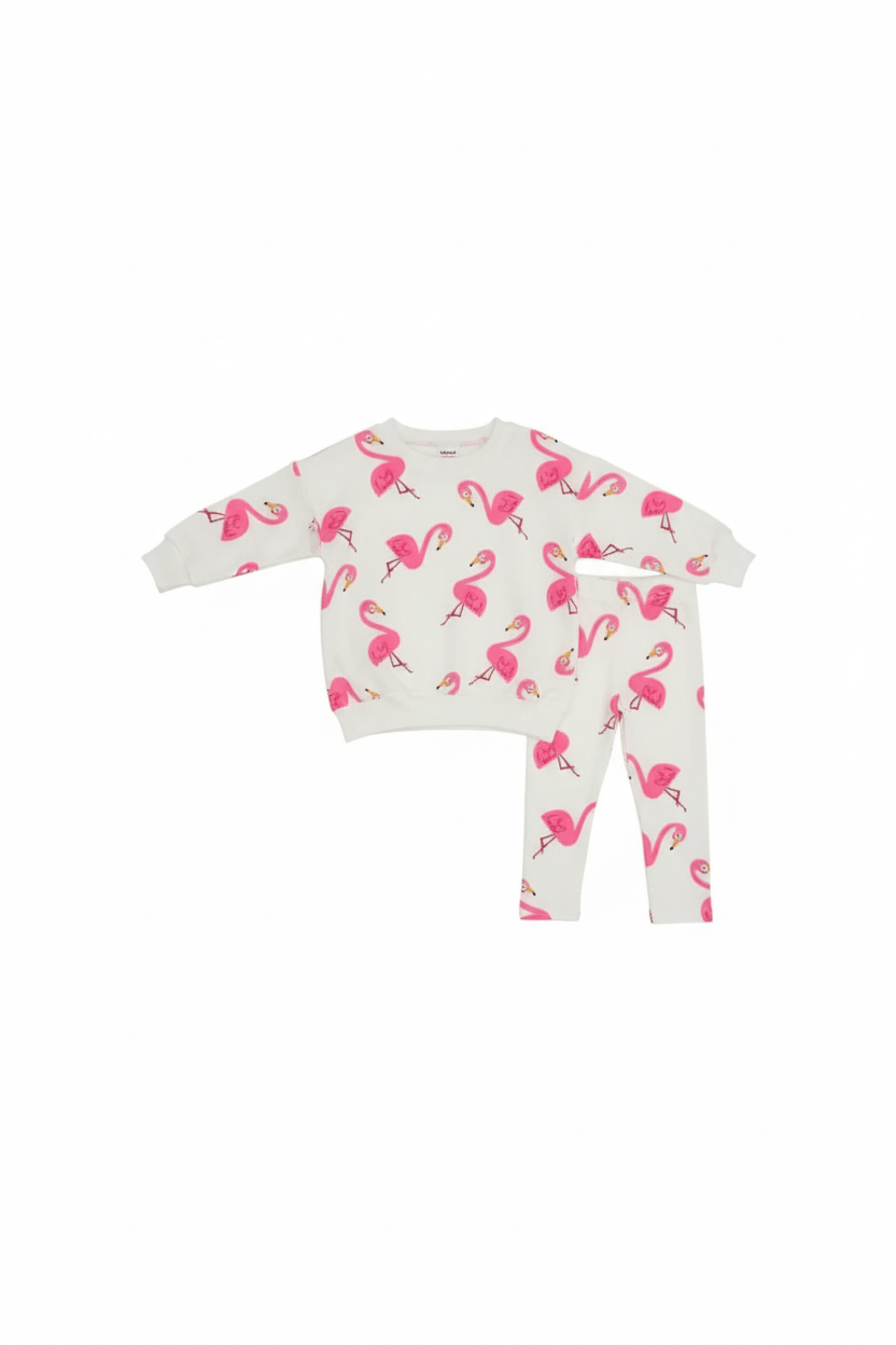 Kız Çocuk Flamingo Karakter Detaylı Sweat ve Fitilli Taytlı Takım