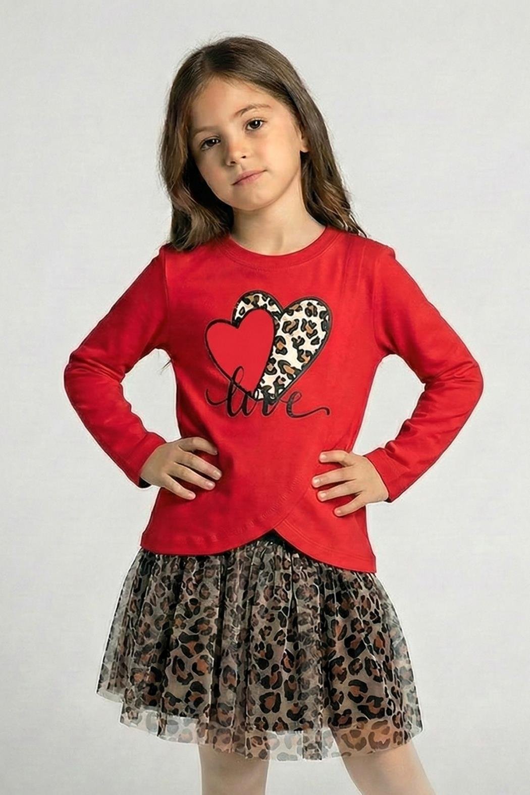 Kız Çocuk Leopar Desenli Tütü Etekli Sweatshirt Takım  | Kırmızı