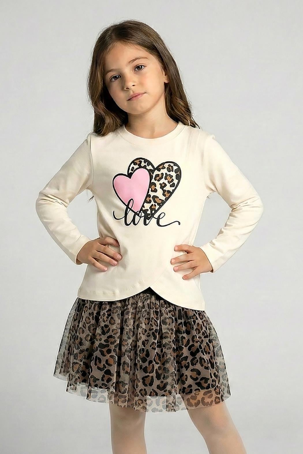 Kız Çocuk Leopar Desenli Tütü Etekli Sweatshirt Takım 4-9 Yaş | Krem