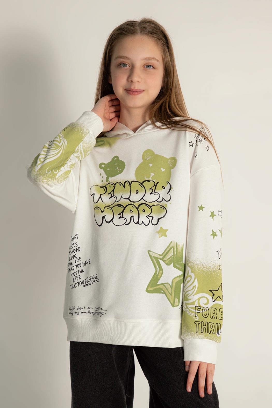 Kız Çocuk Oversize Baskılı Kapüşonlu Sweatshirt - Krem (9-14 Yaş