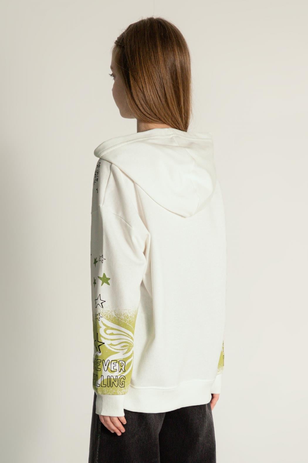 Kız Çocuk Oversize Baskılı Kapüşonlu Sweatshirt - Krem (9-14 Yaş