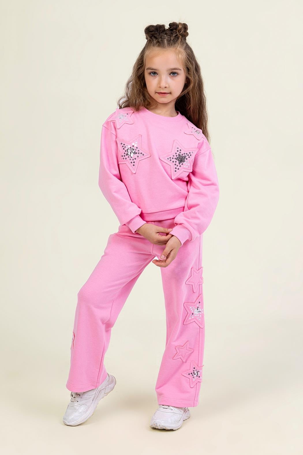 Kız Çocuk Payetli Yıldız Detaylı Sweatshirt ve Geniş Paça Eşofman Takımı