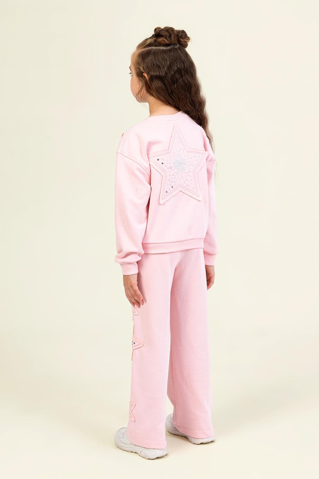Kız Çocuk Pembe Payetli Yıldız Detaylı Sweatshirt ve Geniş Paça Eşofman Takımı