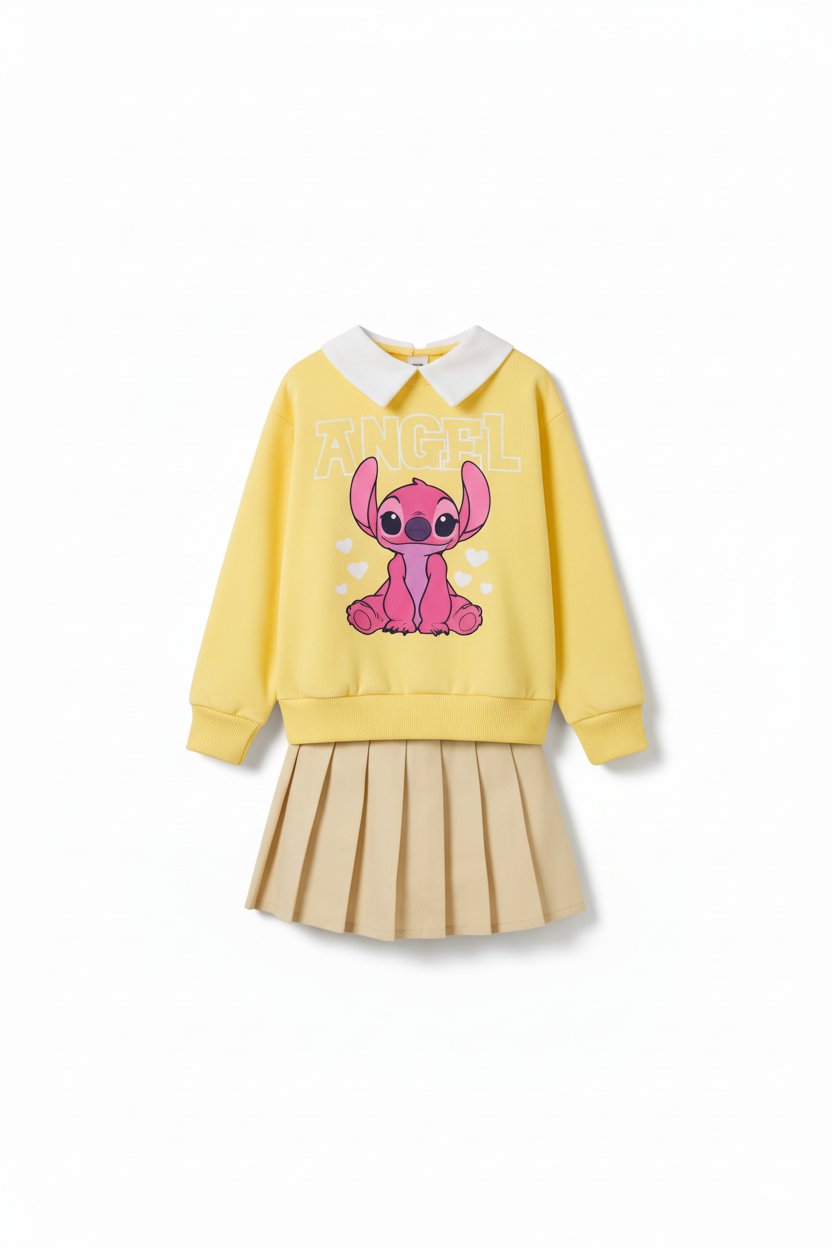 Kız Çocuk Stitch Yaka Detaylı Sweatshirt ve Etek Takım