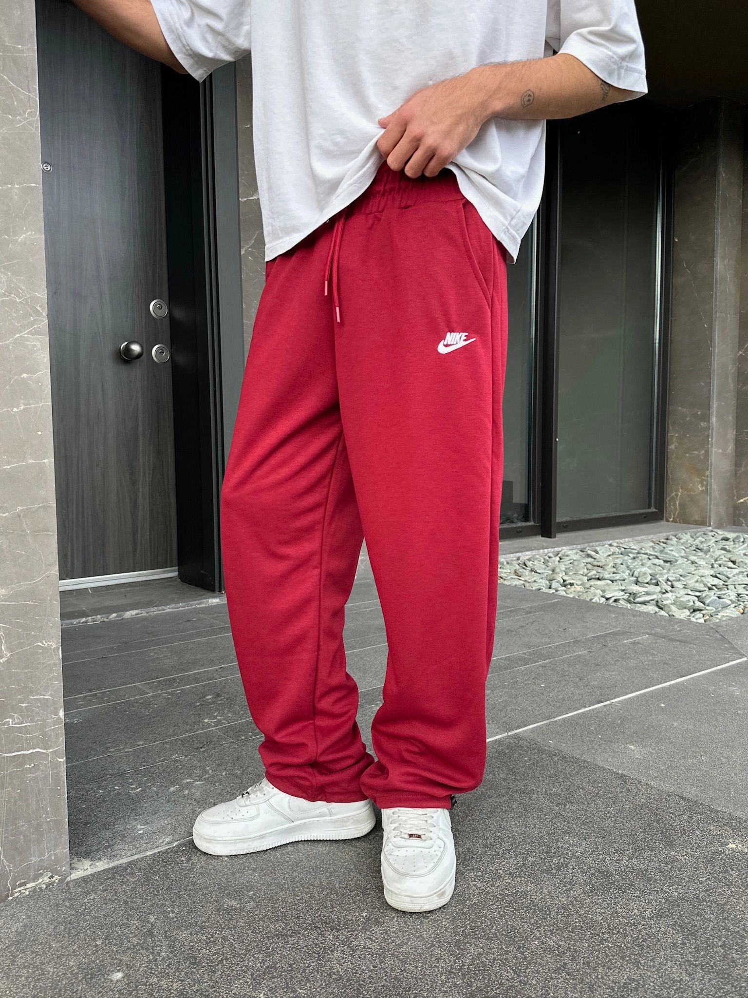 2 İPLİK KUMAŞ BAGGY KALIP PAÇA LASTİKLİ NK NAKIŞ EŞOFMAN ALTI KIRMIZI