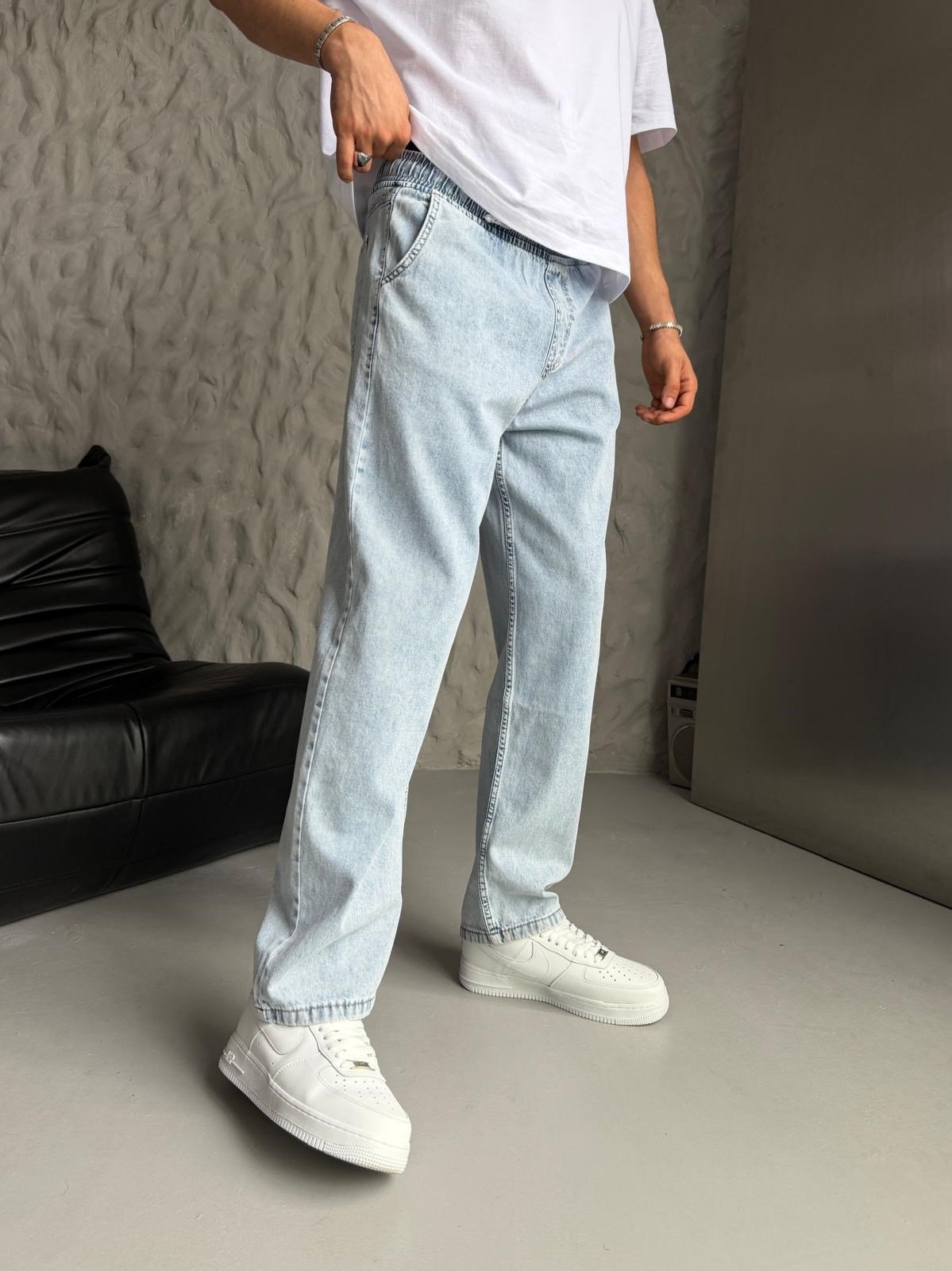 BAGGY İP BAĞLAMALI RAHAT KUMAŞ KOT PANTOLON BUZMAVİ