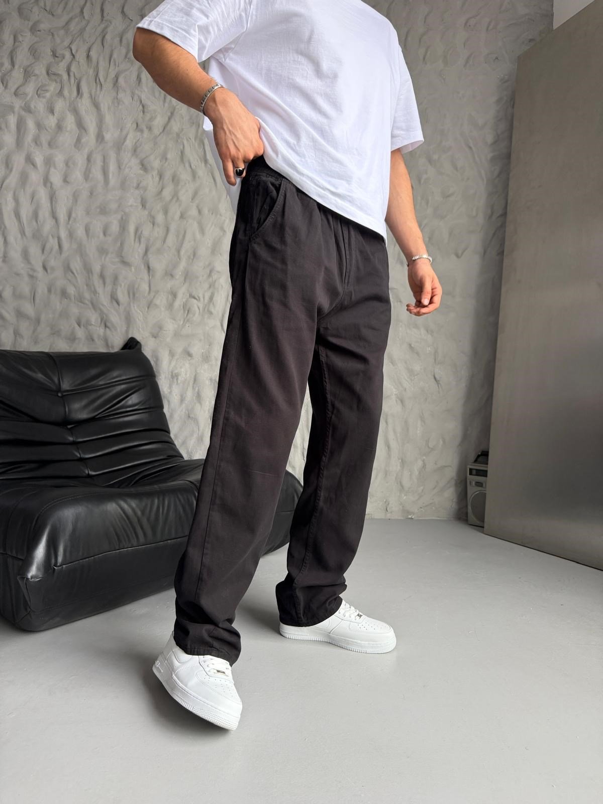 BAGGY İP BAĞLAMALI RAHAT KUMAŞ KOT PANTOLON SİYAH