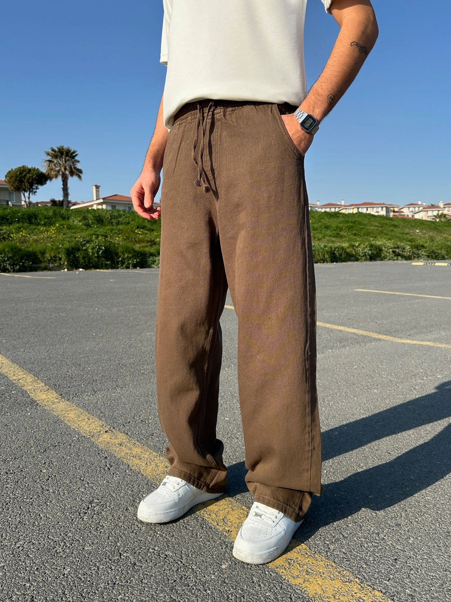 BAGGY KALIP GABARDİN KUMAŞ DS PANTOLON KAHVE