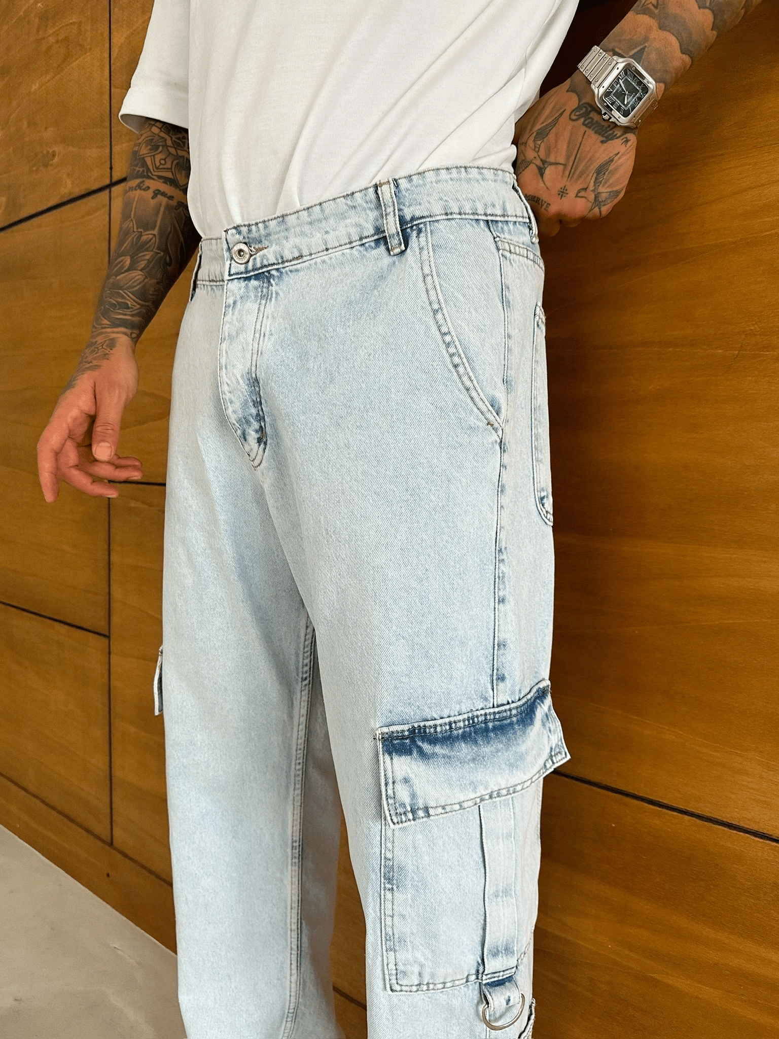 BAGGY KALIP KARGO CEP DETAY JEAN BUZ MAVİSİ