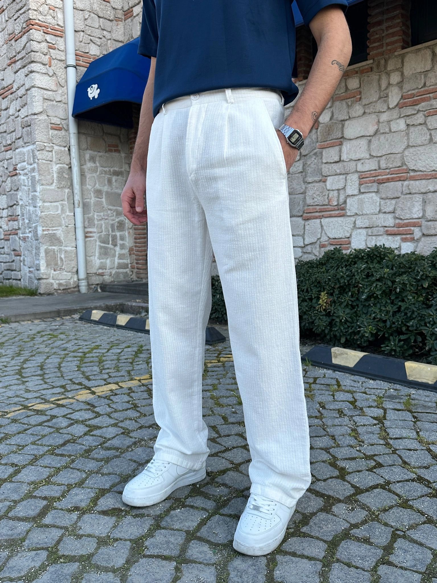 BAGGY KALIP KETEN KUMAŞ ŞERİTLİ DS PANTOLON BEYAZ