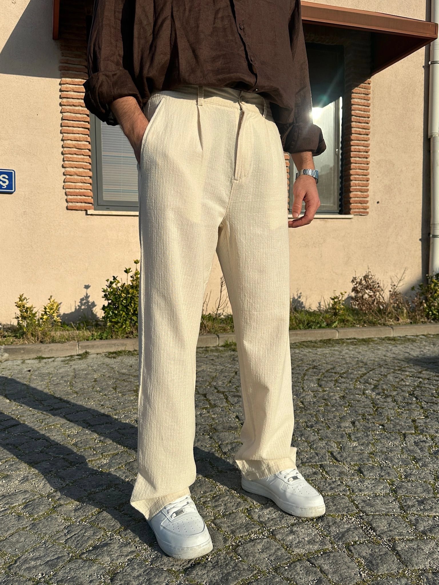 BAGGY KALIP KETEN KUMAŞ ŞERİTLİ DS PANTOLON KREM