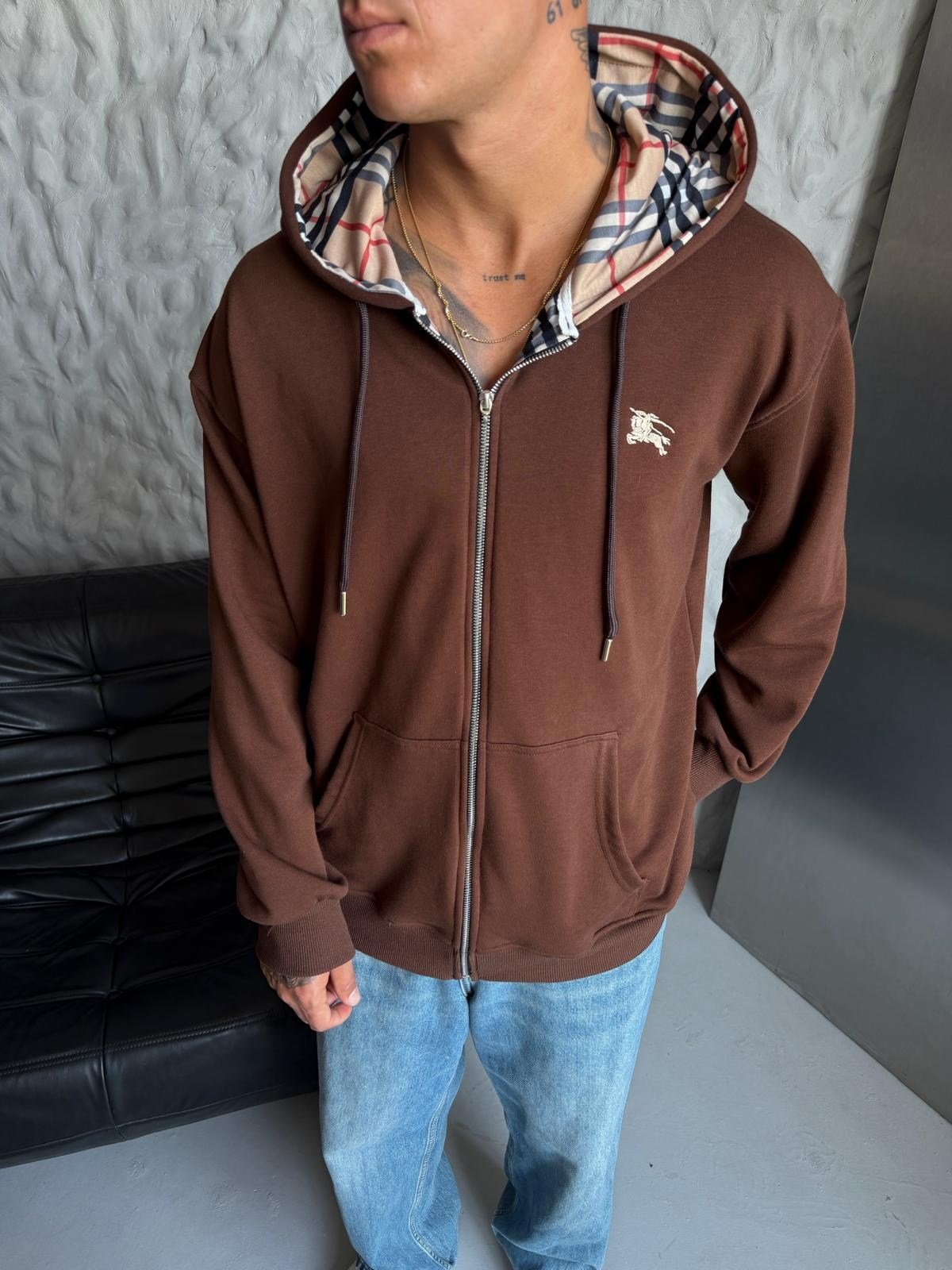BB NAKIŞLI OVERSİZE 3 İPLİK PAMUKLU HIRKA KAHVE