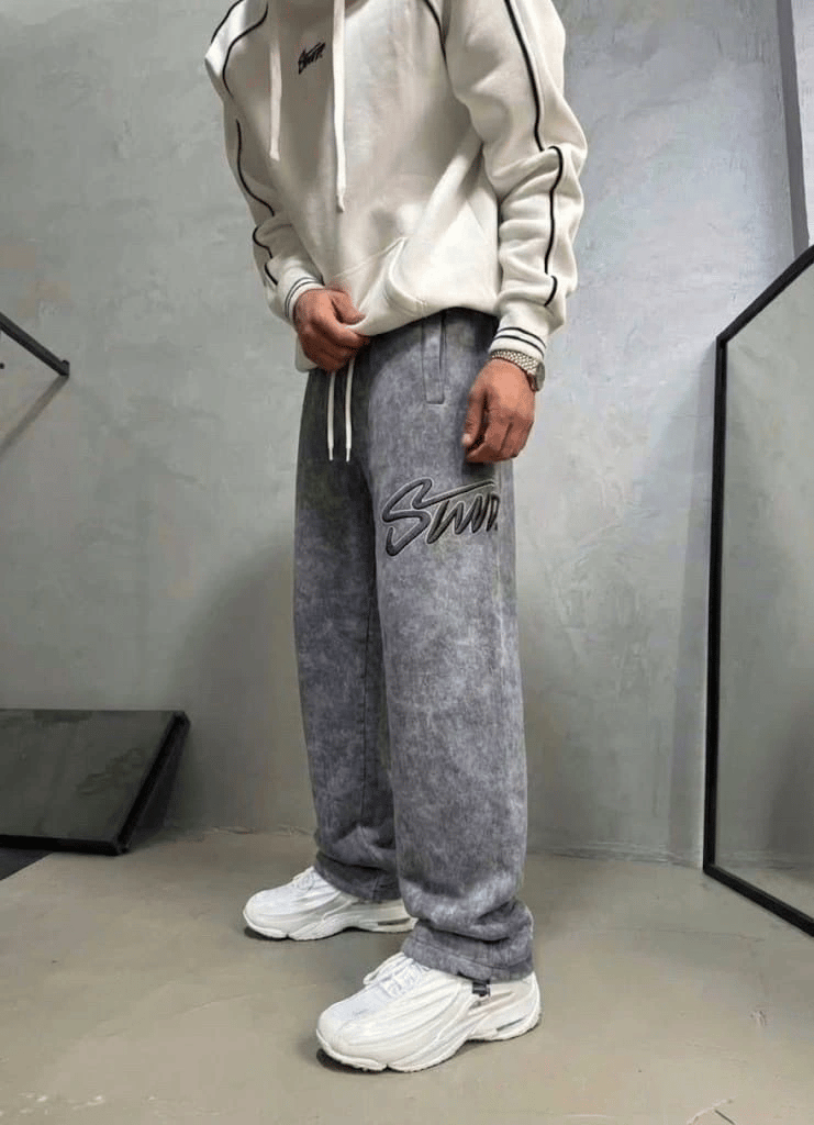 BÜYÜK NAKIŞLI YIKAMALI 2 İPLİK BAGGY EŞOFMAN GRİ