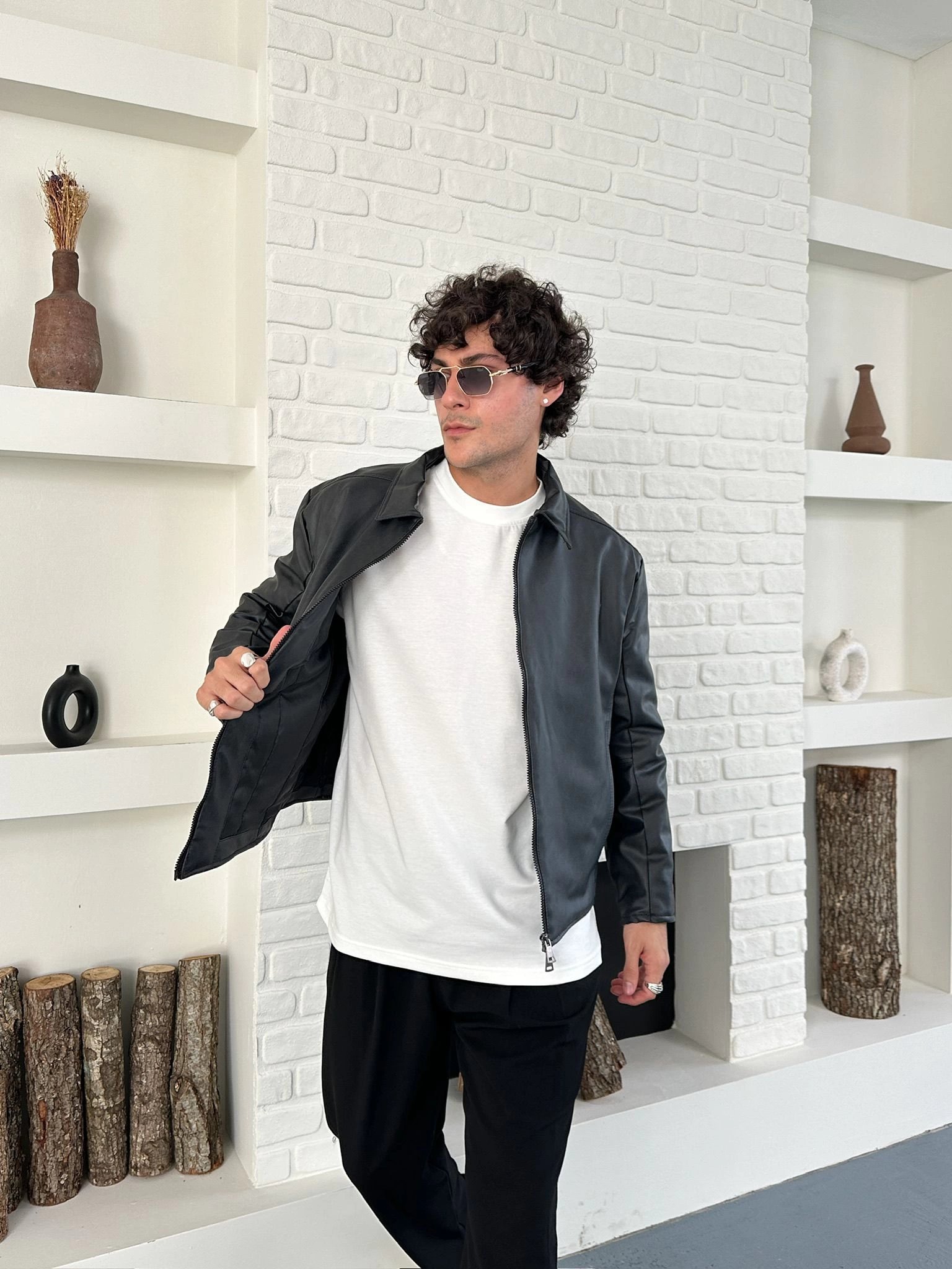 ÇİFT FERMUARLI DERİ CROP CEKET