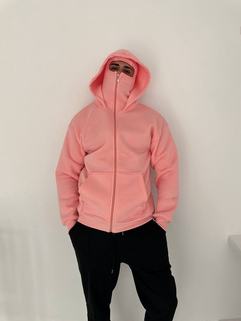 ÇİFT KAPÜŞONLU BASİC OVERSİZE 3 İPLİK PAMUKLU HIRKA PEMBE