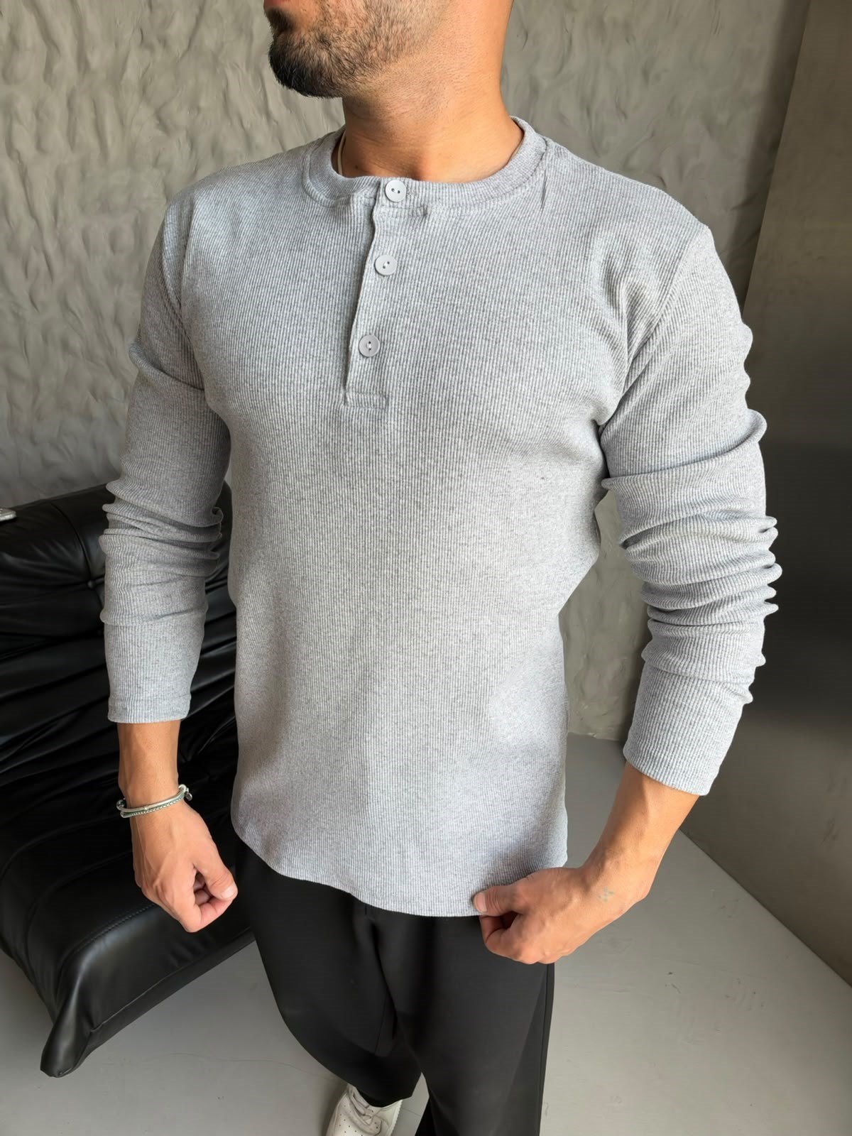 HENLEY YAKA FİTİLLİ UZUN KOLLU SLİM BADİ GRİ