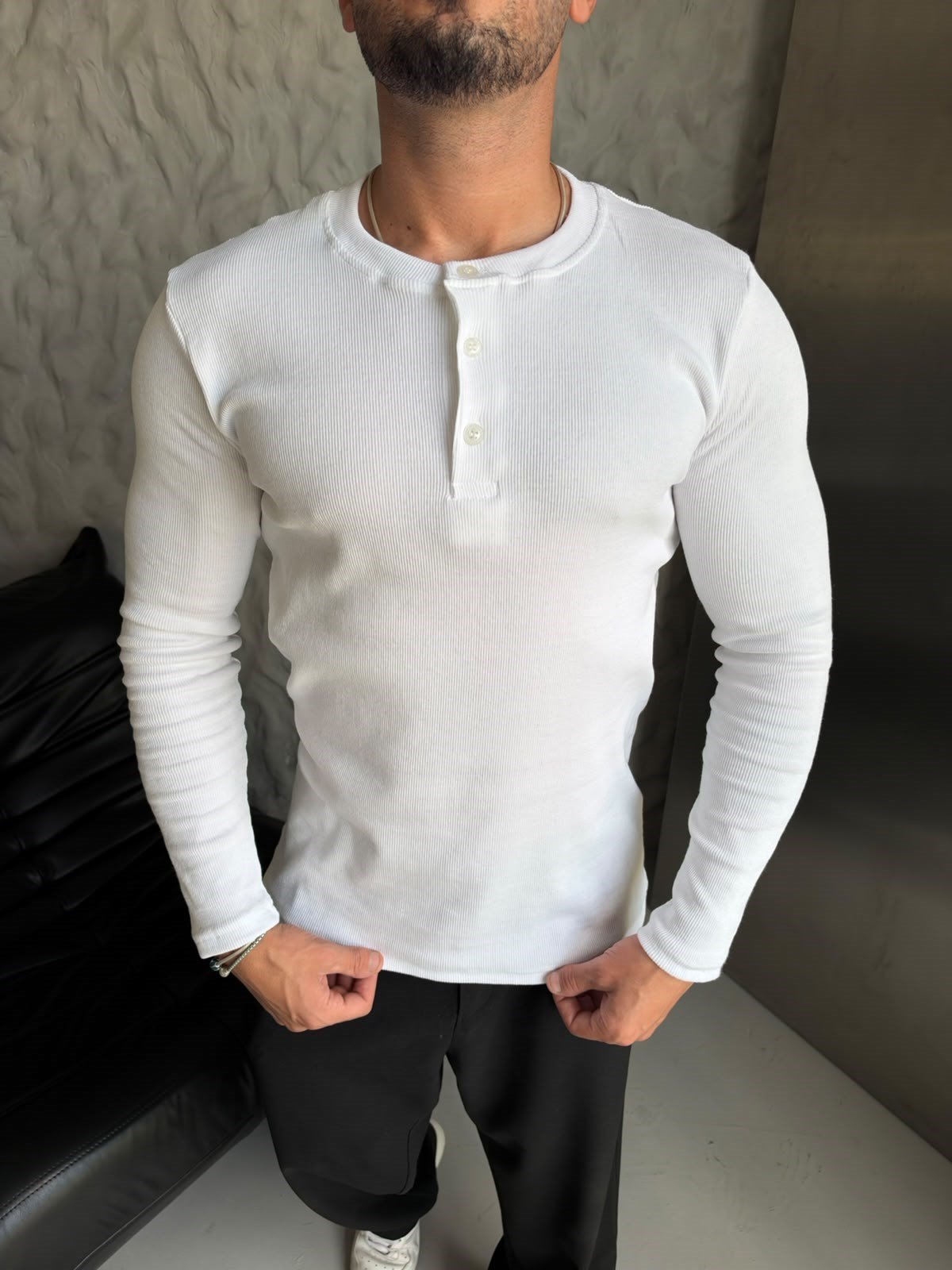 HENLEY YAKA FİTİLLİ UZUN KOLLU SLİM BADİ BEYAZ