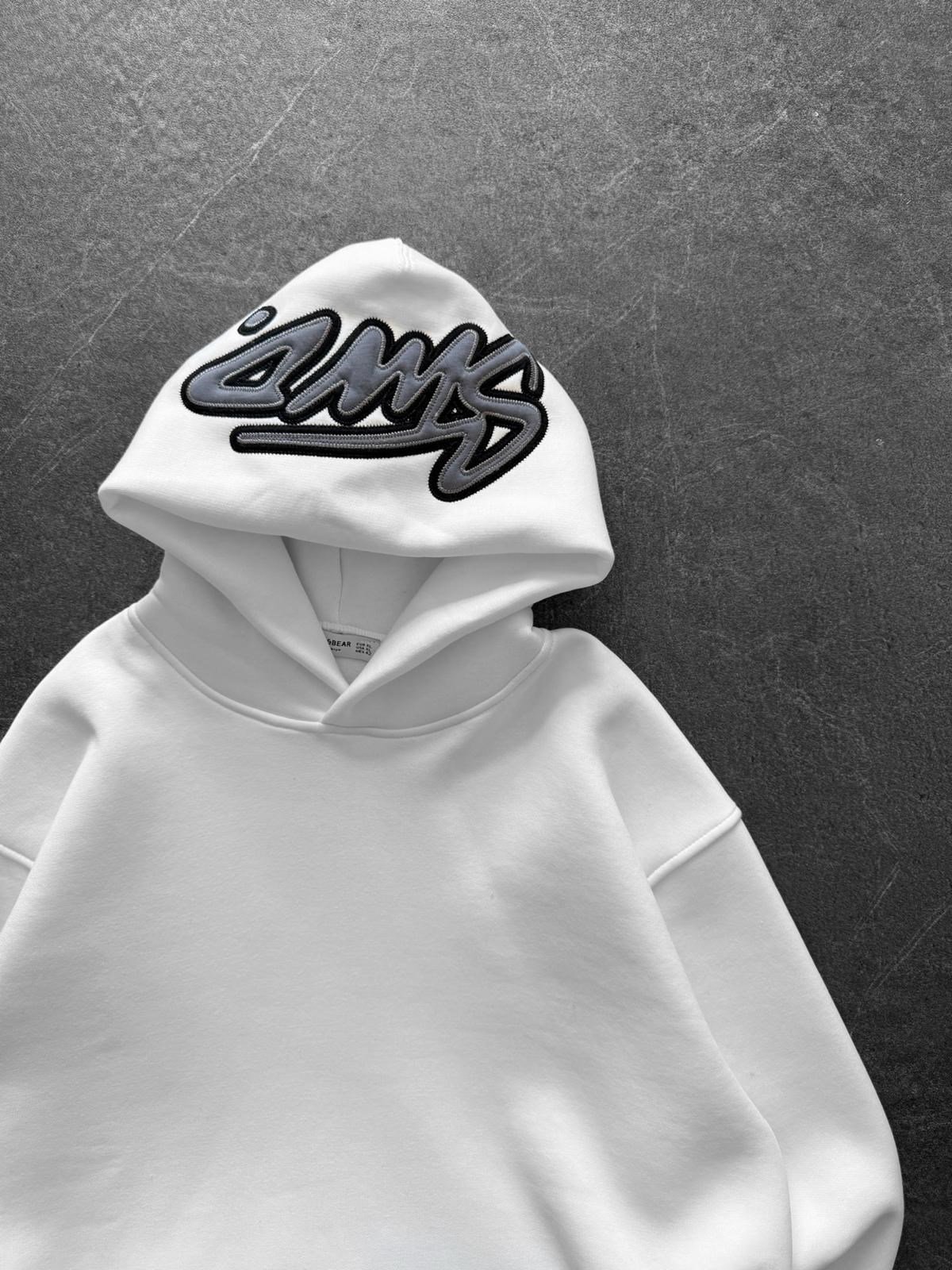 KAPÜŞON NAKIŞLI 3 İPLİK PAMUKLU KUMAŞ OVERSİZE STW SWEAT BEYAZ