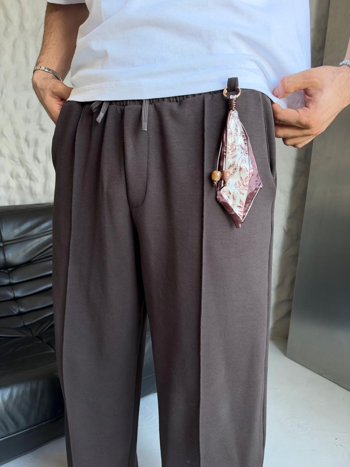MODAL KUMAŞ FULARLI BAGGY EŞOFMAN ALTI  KAHVE