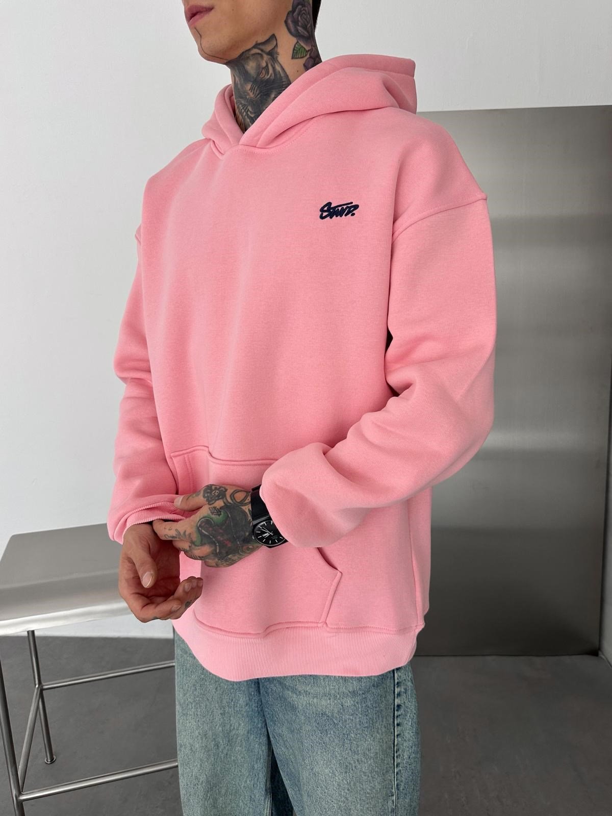 NAKIŞLI 3 İPLİK PAMUKLU KUMAŞ OVERSİZE STW SWEAT PEMBE