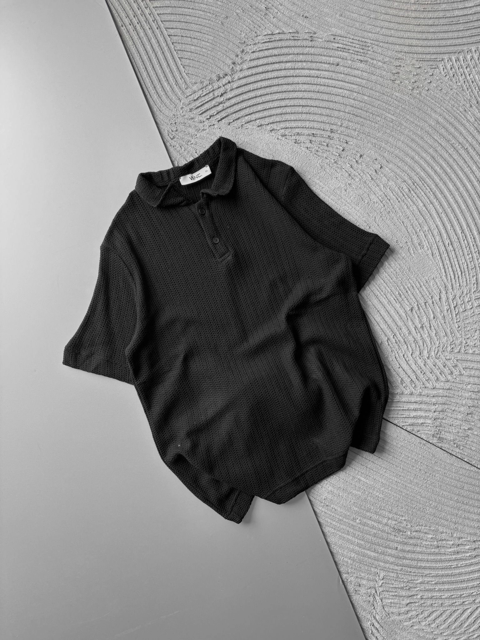POLO YAKA ÖRME KUMAŞ OVERSIZE TSHIRT SİYAH