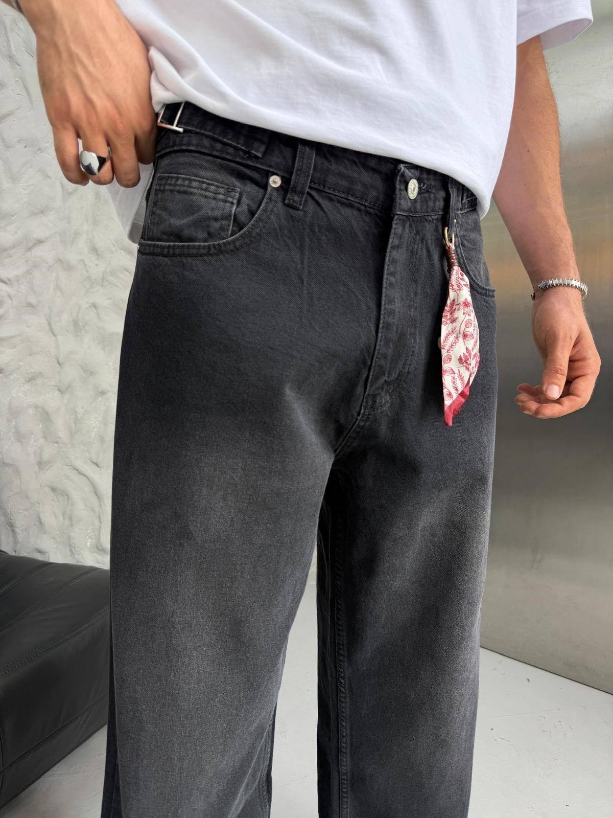 SÜPER BAGGY FULARLI KOT PANTOLON SİYAH