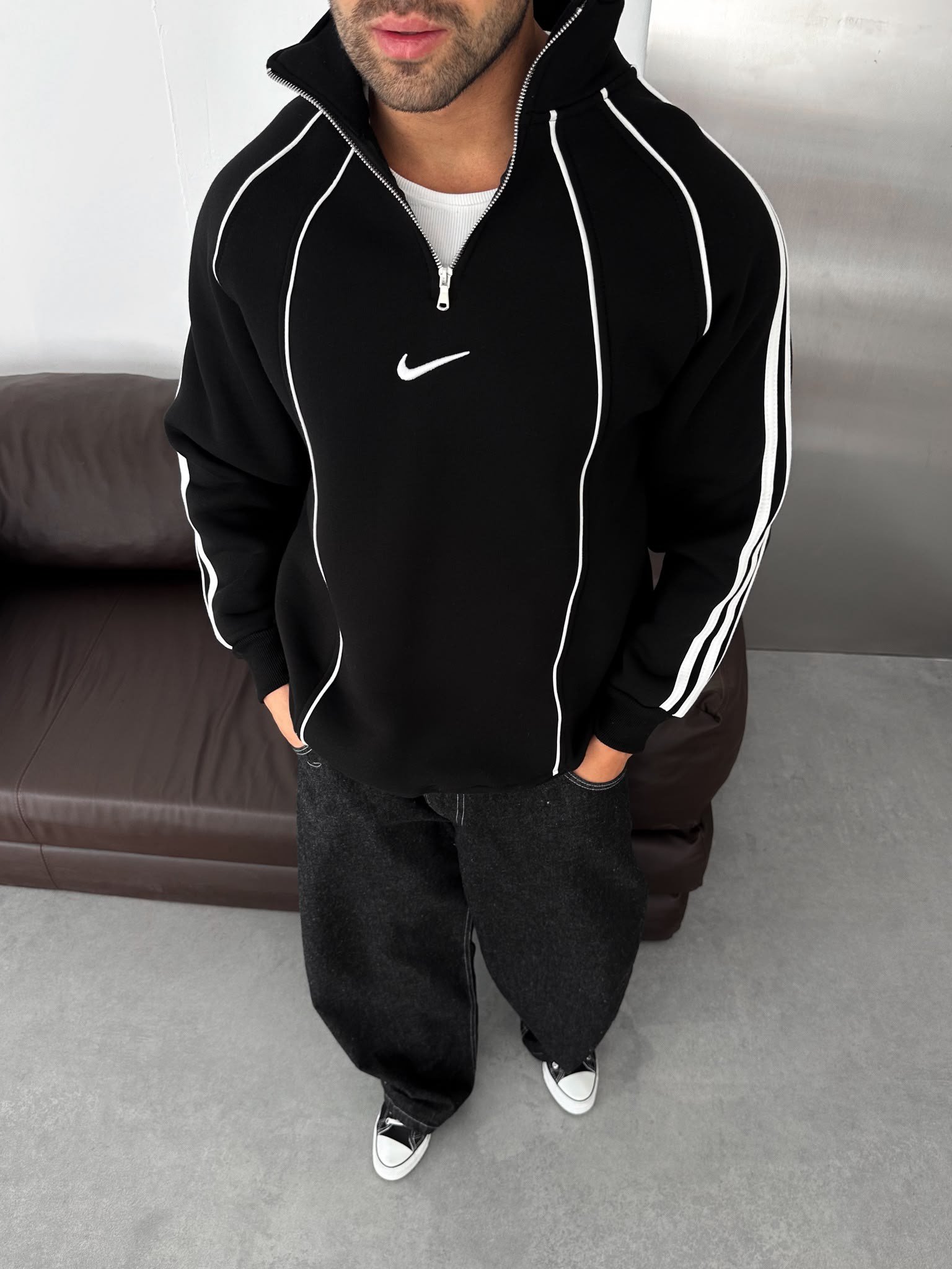 YARIM FERMUAR NK FUL BİYELİ OVERSİZE SWEAT SİYAH