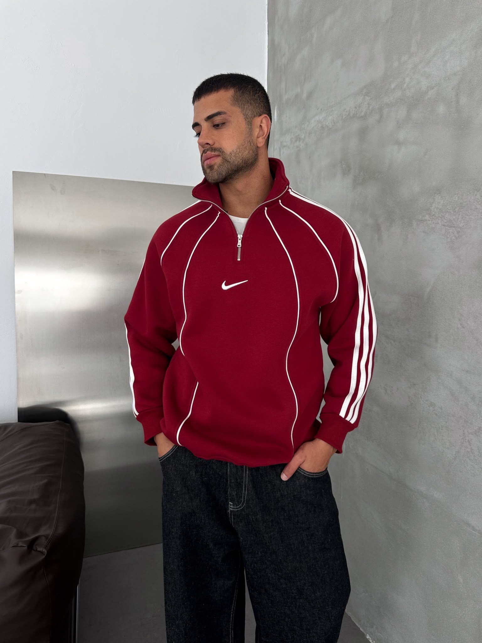 YARIM FERMUAR NK FUL BİYELİ OVERSİZE SWEAT KIRMIZI