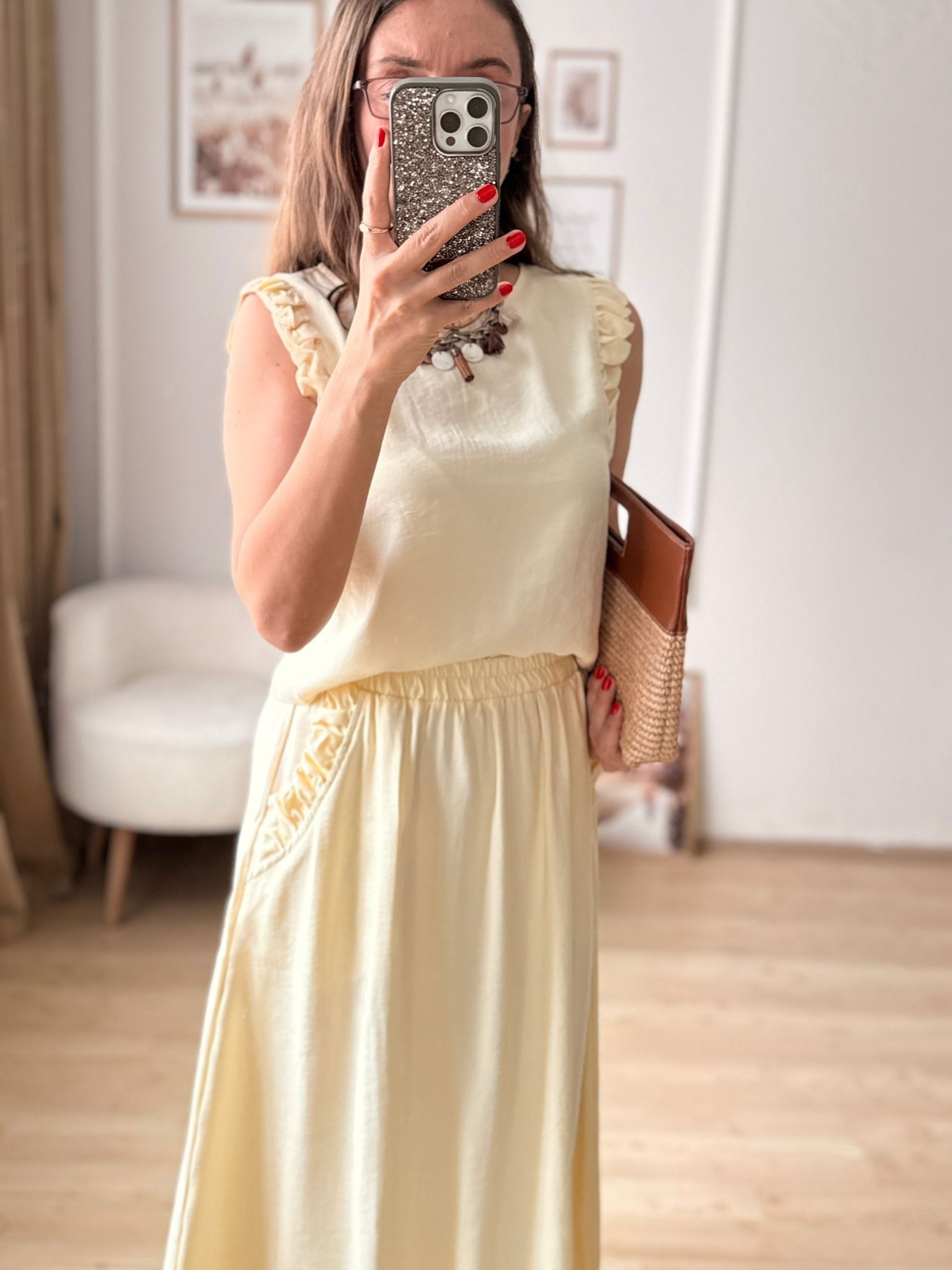 %100 Pamuk Etek Bluz Takım-Sarı