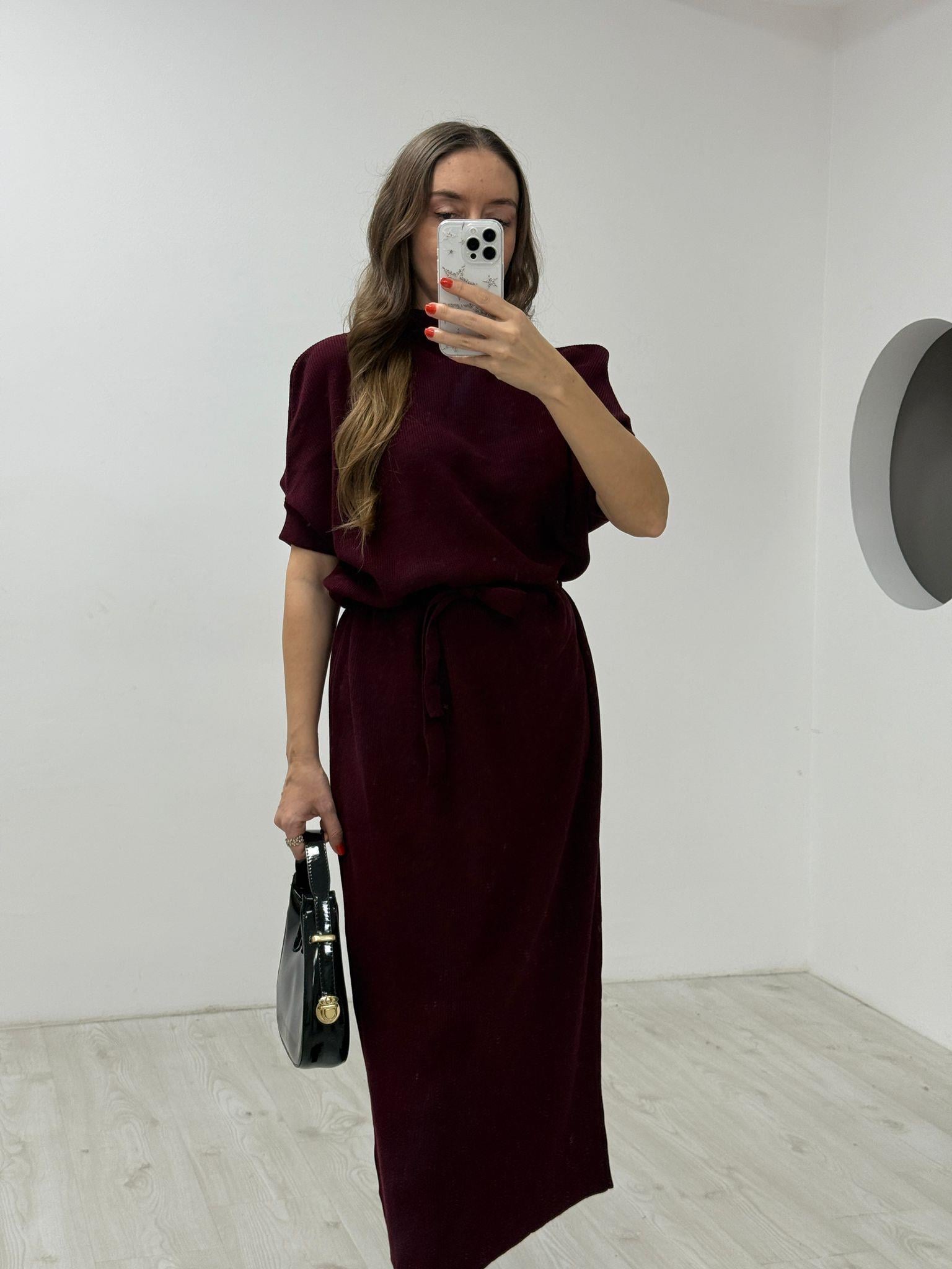Bordo Triko Kuşaklı  Elbise 