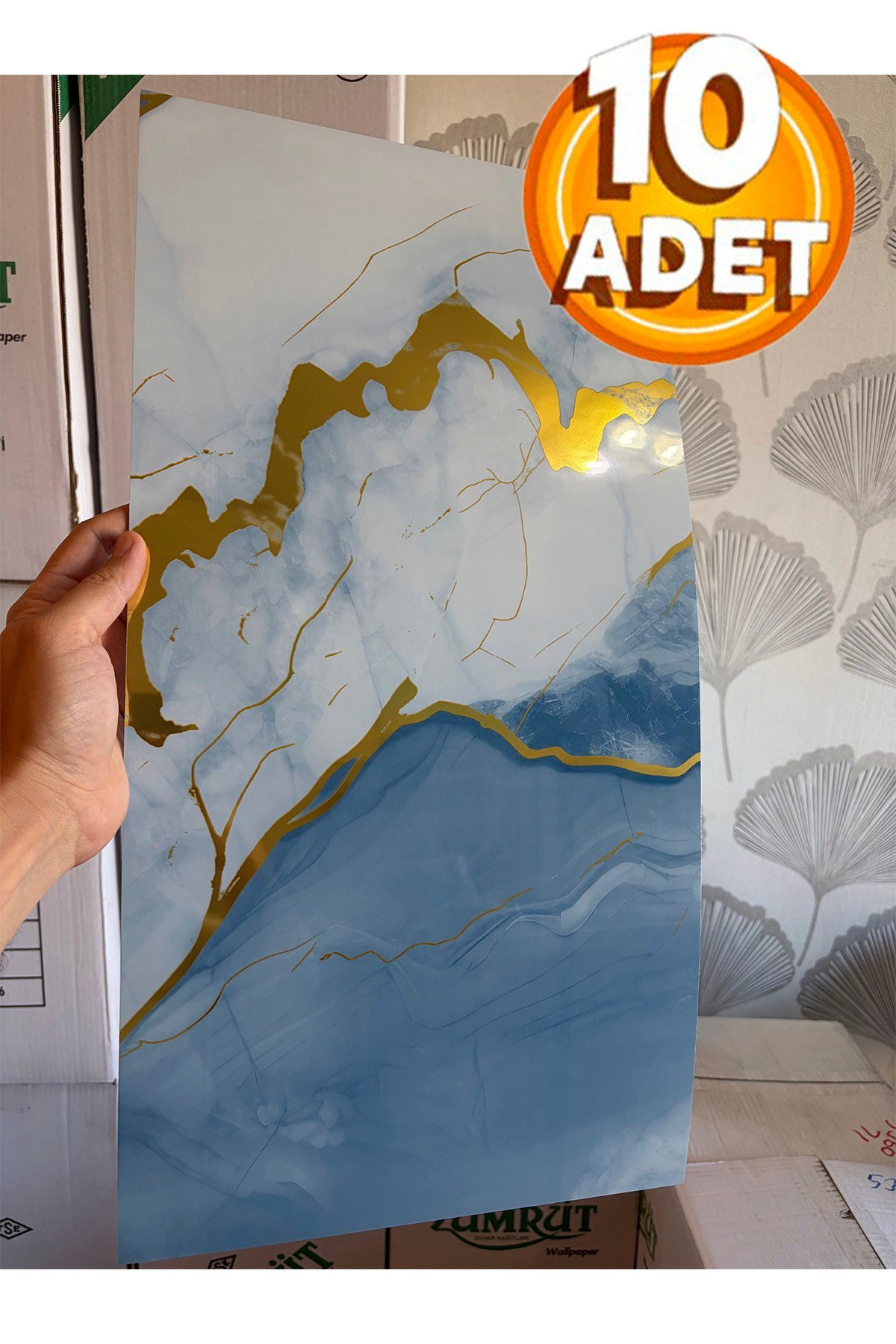 10 Adet, 30x60 Cm Açık Buz Mavisi Gold Renkler Lüks Mermer Desenli Kendinden Yapışkanlı Mutfak Banyo Wc Kaplama Pvc Panel M6001