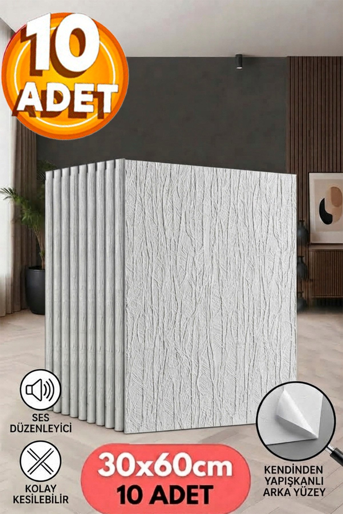 10 Adet, Yüksek Kalite Kabartmalı Dokulu Beyaz Renk Gerçek Sıva Hissi Modern Beton Görünüm Desenli Pvc Mat Panel Kendinden Yapışkanlı Duvar Kaplaması Mat-1201, 30x60 CM 