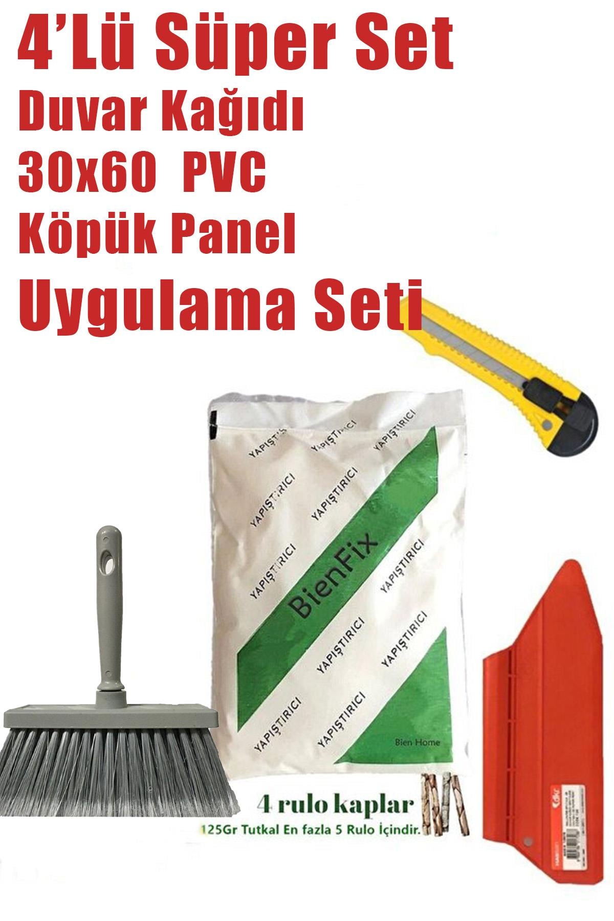 4'lü Süper Set Duvar Kağıdı Uygulama Seti Yapıştırıcısı-125 Gram Tutkal-spatula-Plastik fırça-Falçat