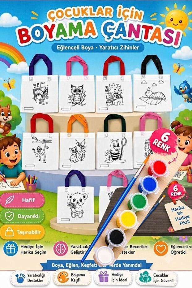 BienHome 6 Renk Boya Fırça Dahil, Çocuk Boyama Çantası, Boyama Bez Çanta Tote Bag,Eğitici ,10'lu paket 25*20 çanta Çocuk Gelişimi Boyama Etkinlik