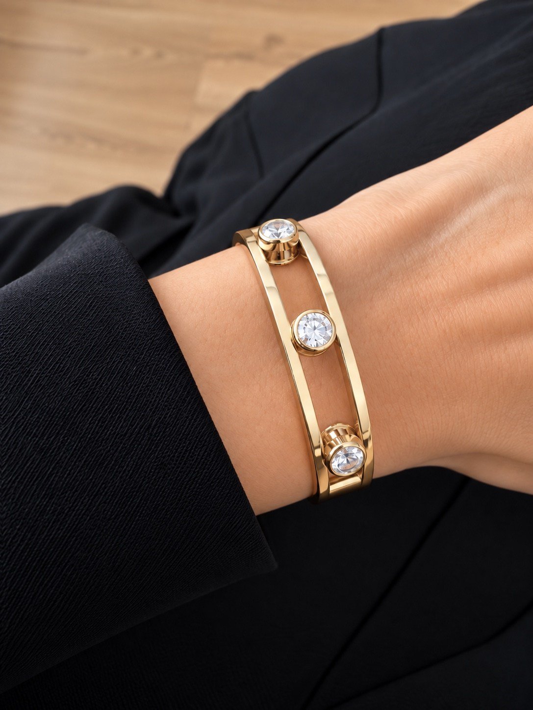 Gold Çift Şeritli Zirkon Taşlı Ayarlanabilir Bileklik